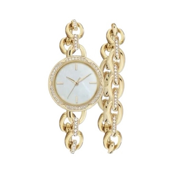 Faux Crystal Accents Gold Tone With White Rhinestones And Matching Bracelet - Picture 2 of 4